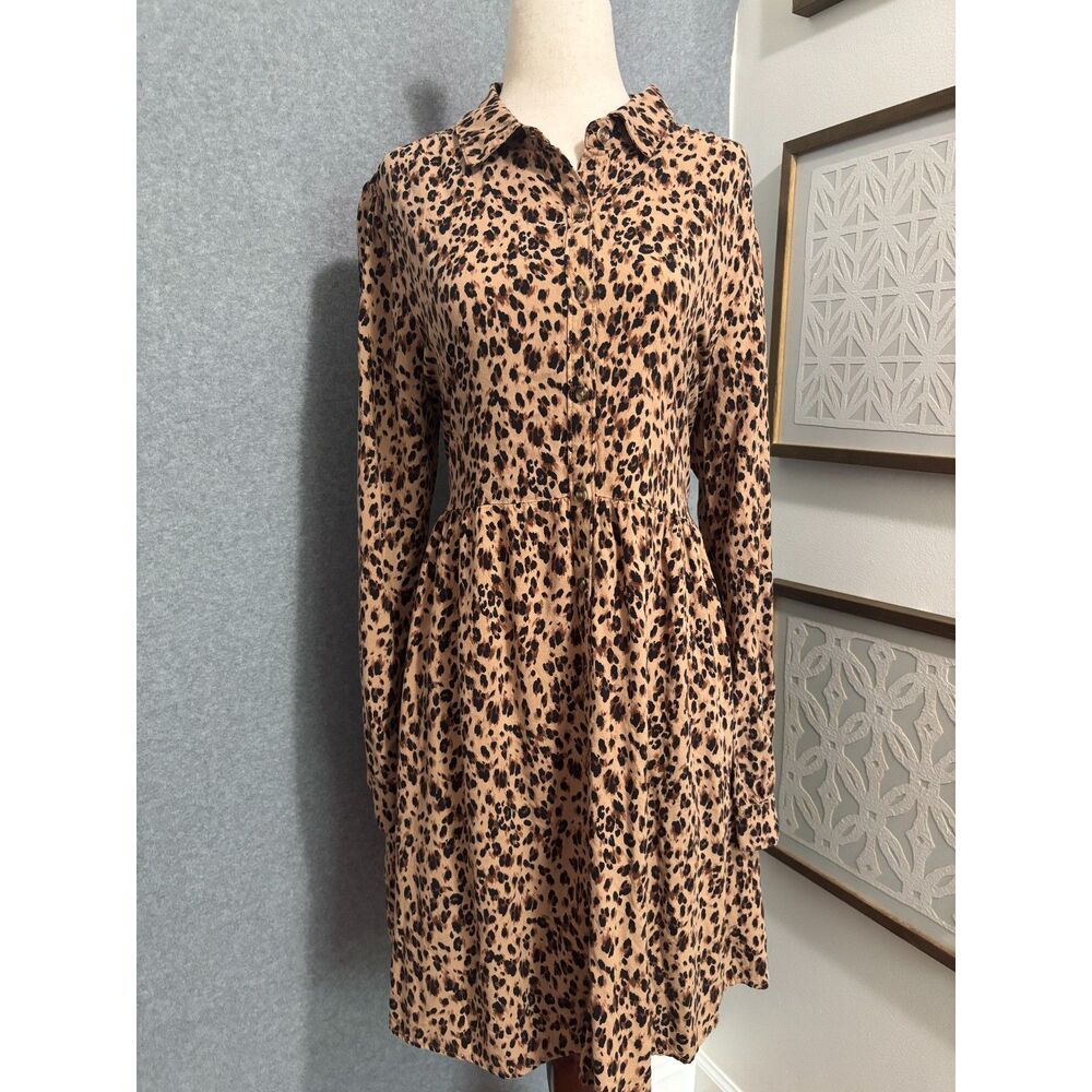 Leopard‎ Print Button Front Dress Long Sleeve Rayon Tiered Mini L 12-14 Boutique